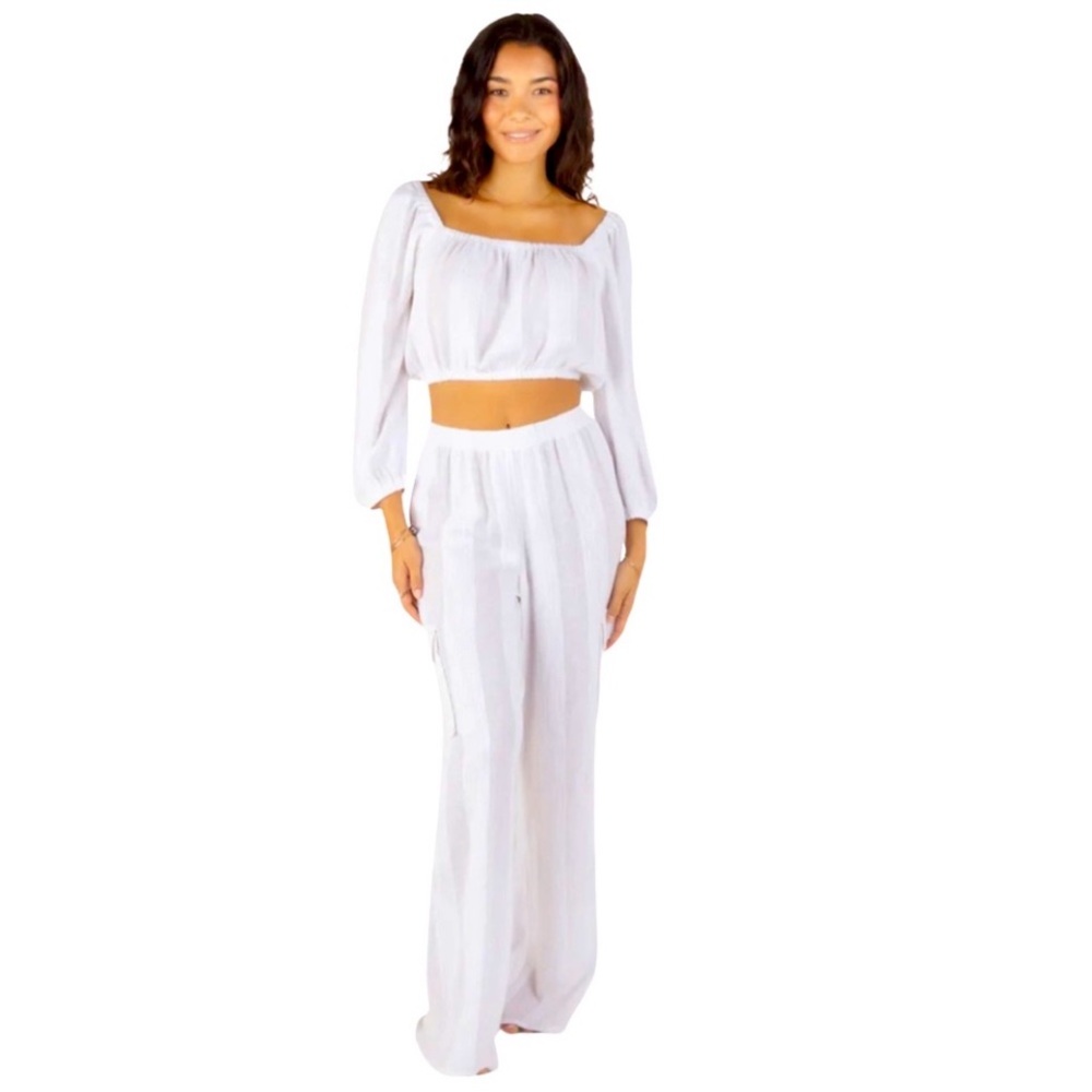 Stripe gauze long sleeve top white